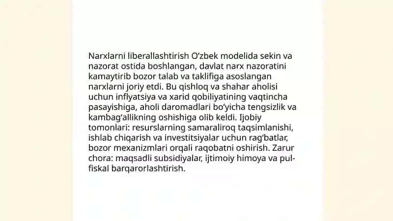 Bozor iqtisodiyotiga o'tishning ozbek modeli va uning xususiyatlari 4