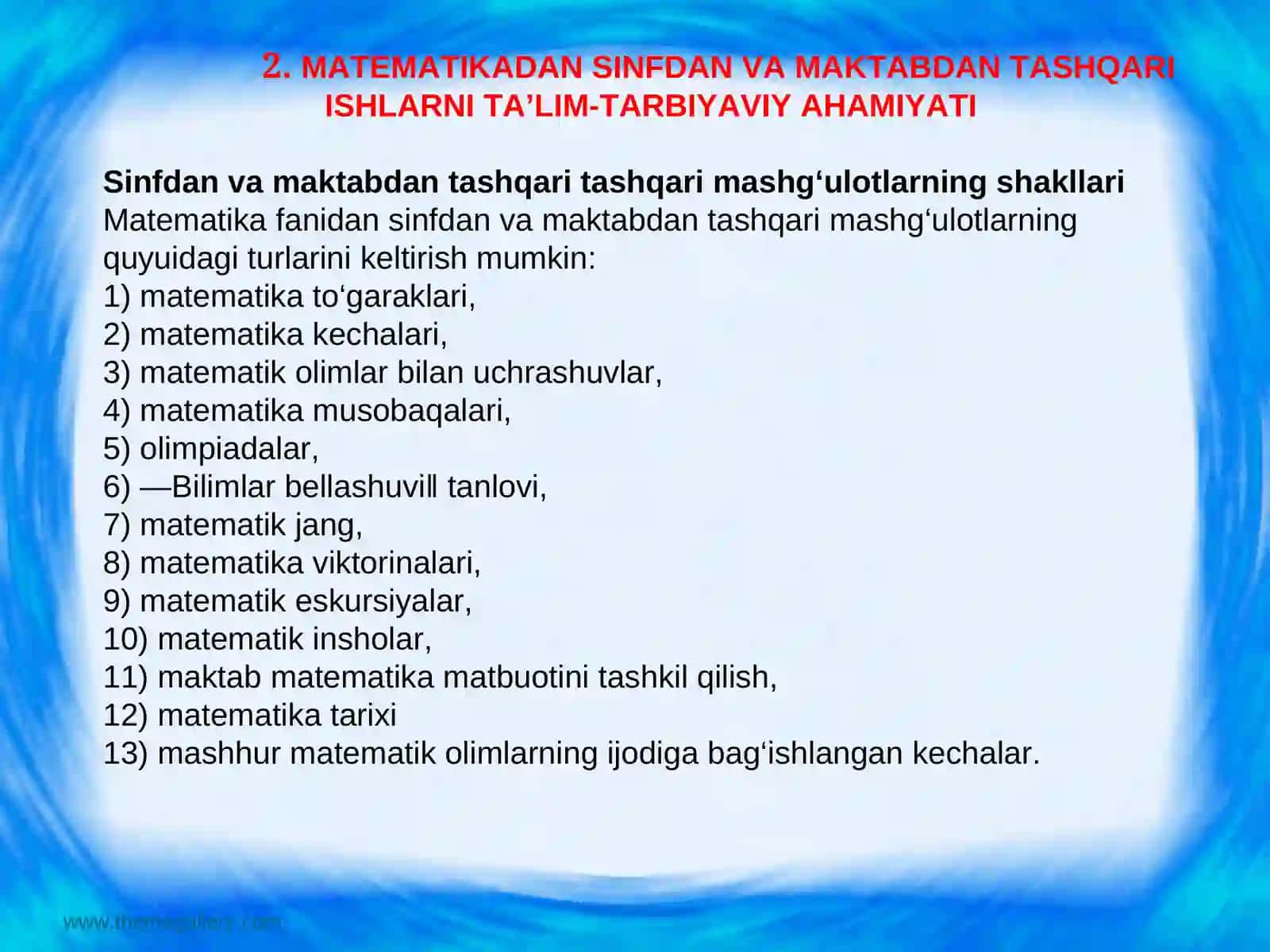 MATEMATIKADAN SINFDAN TASHQARI MASHG‘ULOTLAR, ULARNI TASHKIL ETISH METODIKASI 4