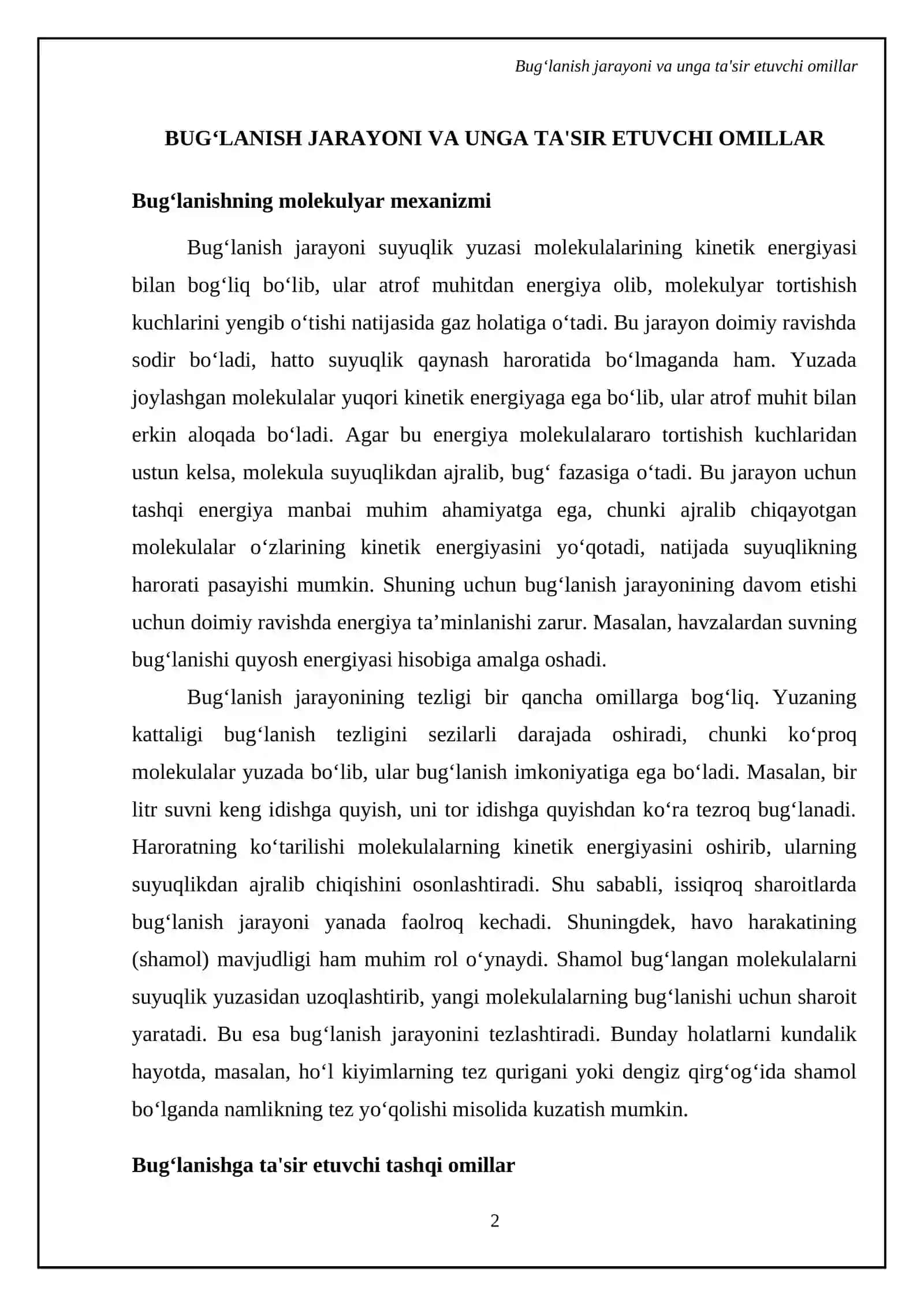 Suyuqliklarning bugʻlanishi va qaynashi 4
