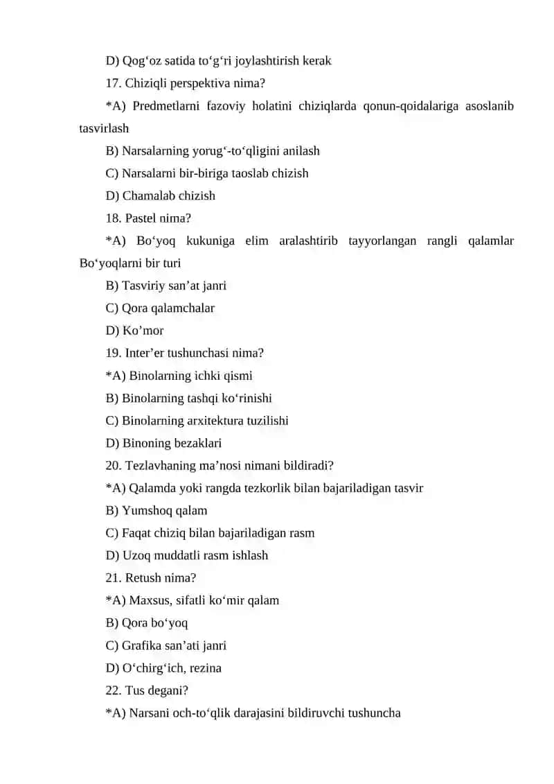 TASVIRIY SAN’AT VA MUHANDISLIK GRAFIKASI KAFEDRASI kurs talabalari uchun mutaxassislik bo‘yicha o‘qitilgan fanlardan TESTLAR 4