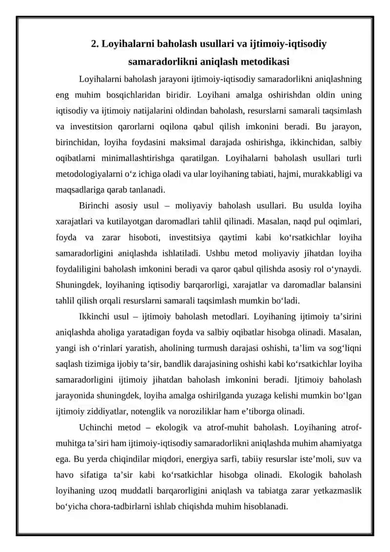 Loyihalarda ijtimoiy-iqtisodiy samaradorlik tahlili 4