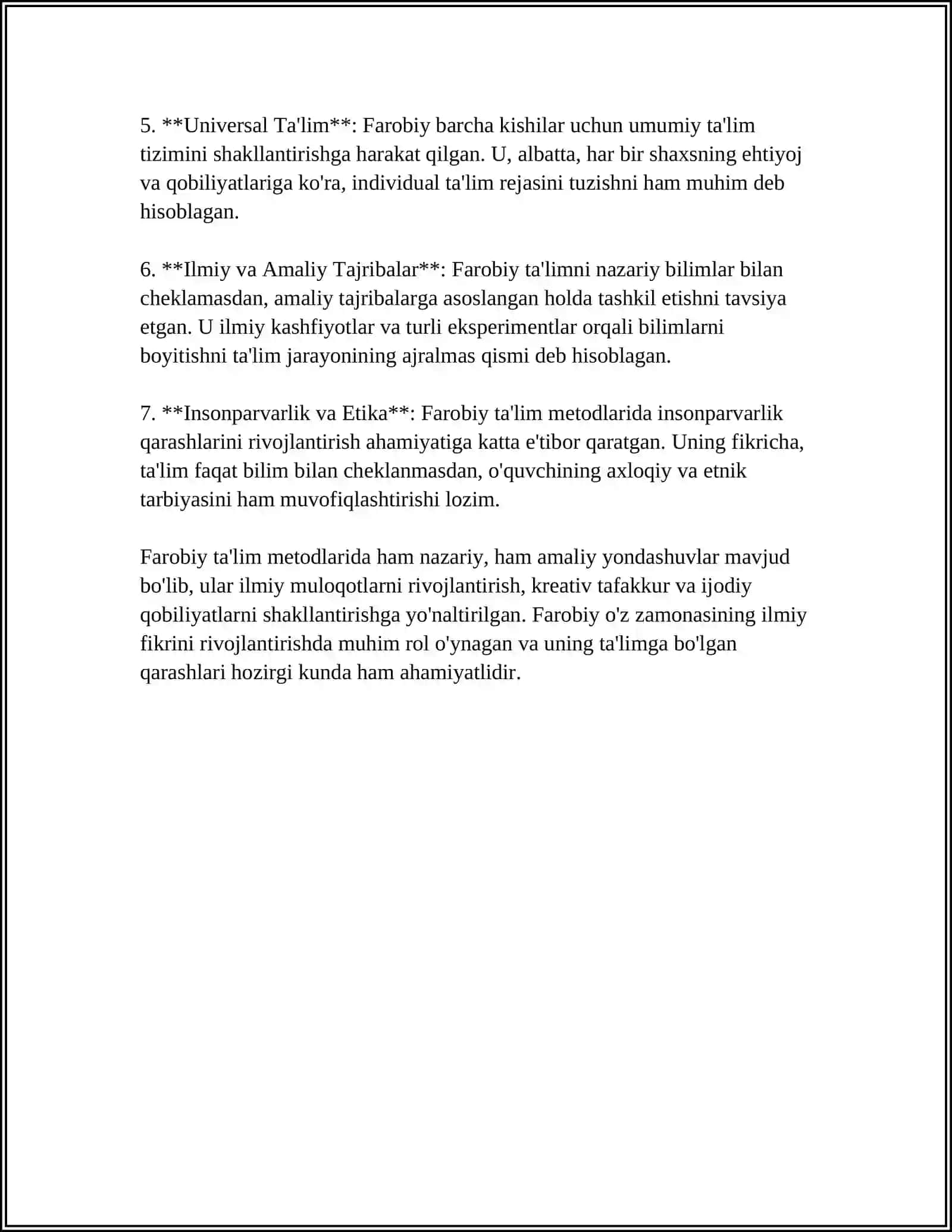 SHARQ MUTAFAKKIRLARI TA'LIM METODLARI HAQIDA. FAROBIY,BERUNIY, IBN SINONING DIDAKTIK ASARLARIDA KELTIRILGAN TA'LIM METODLARINI TASNIFLASH VA GRAFIK SXEMA TAYYORLASH 4
