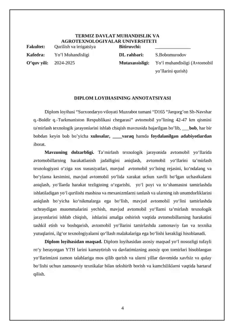 D165 “Jarqorg’on Sh-Navshar q.-Boldir q.-Turkmaniston Respublikasi chegarasi” avtomobil yo’lining 42-47 km qismini ta'mirlash texnologik jarayonlarini ishlab chiqish 4