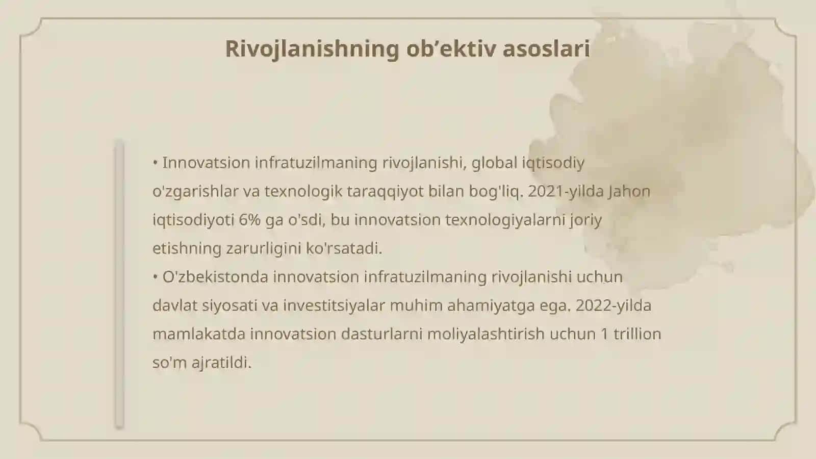 Innovatsion infratuzilma tarkibi, rivojlanishining obʼektiv asoslari, shart-sharoitlari va zarurati 4