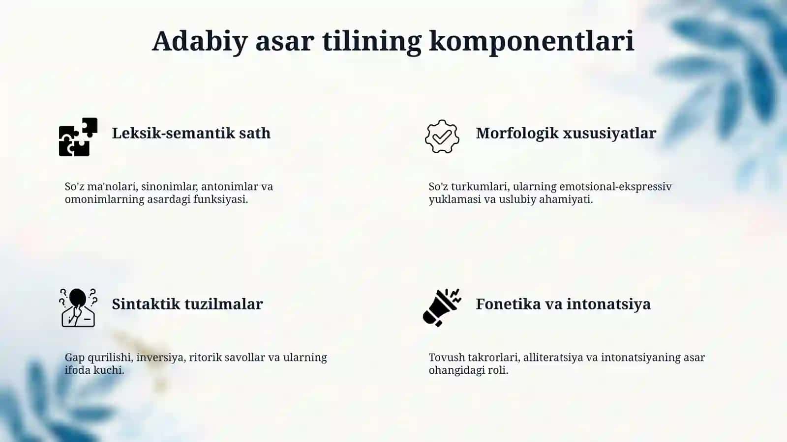 11-sinfda badiiy asarning til xususiyatlarini o'rganishga qaratilgan savol va topshiriqlar ishlab chiqish. (Garov hikoyasi talqinida) 4