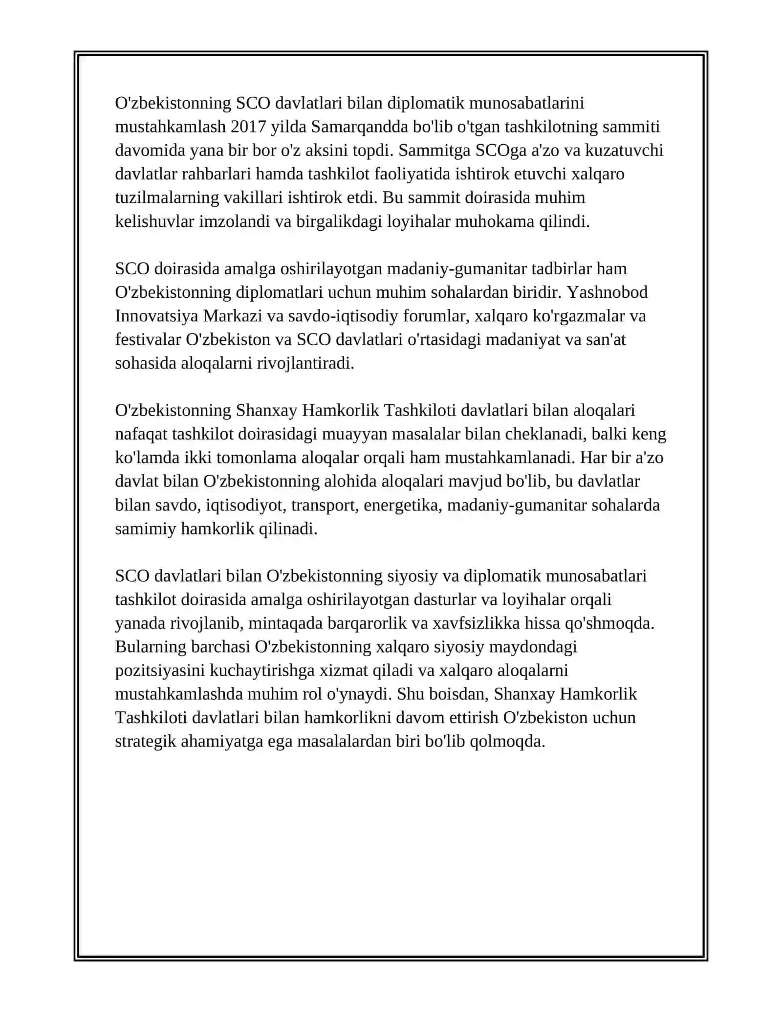 O'ZBEKISTON SHANHAY XAMKORLIK TASHKILOTI DAVLATLARI BILAN ALOQALARI 4