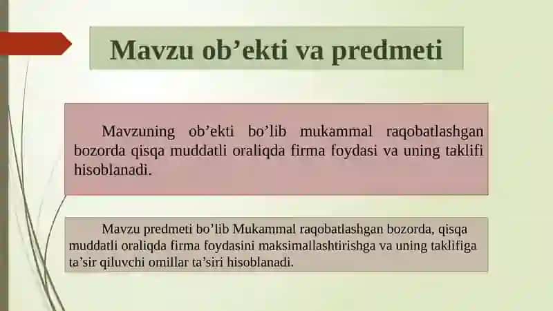 Raqobatlashgan bozorda, qisqa muddatli oraliqda firma foydani maksimallashtirish va uning taklifi 4