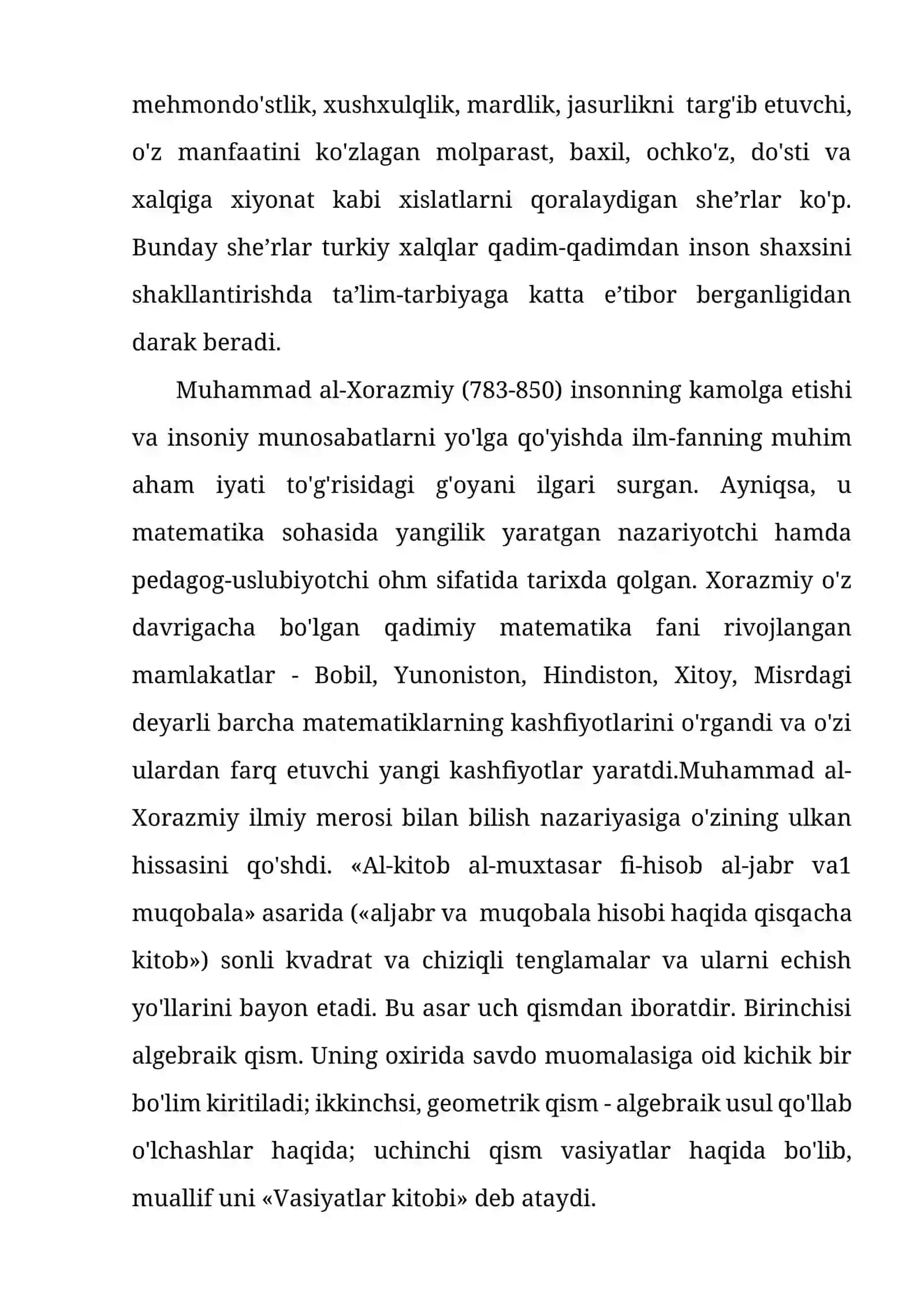 Abu Abdulloh Muhammad ibn Muso Xorazmiyning didaktik g’oyalari 4