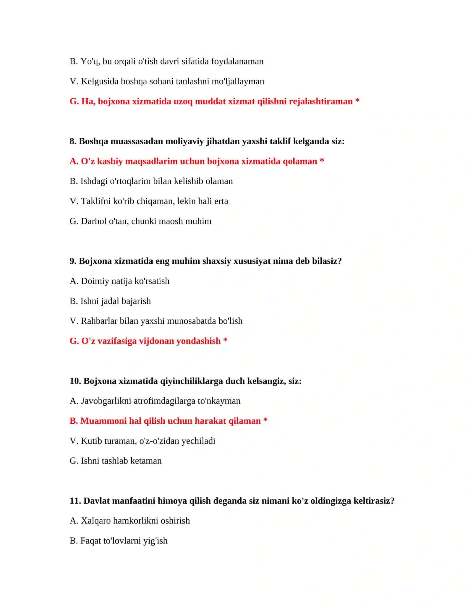 PSIXOLOGIK TAYYORGARLIK: TO'LIQ SAVOLLAR TO'PLAMI 4