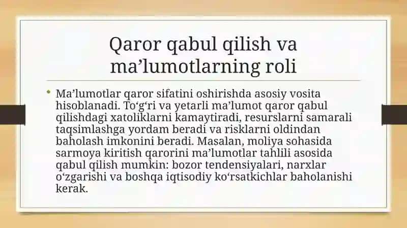 Ma’lumotlar asosida qaror qabul qilish algoritmini ishlab chiqish (ehtimoliy modellar asosida) 4