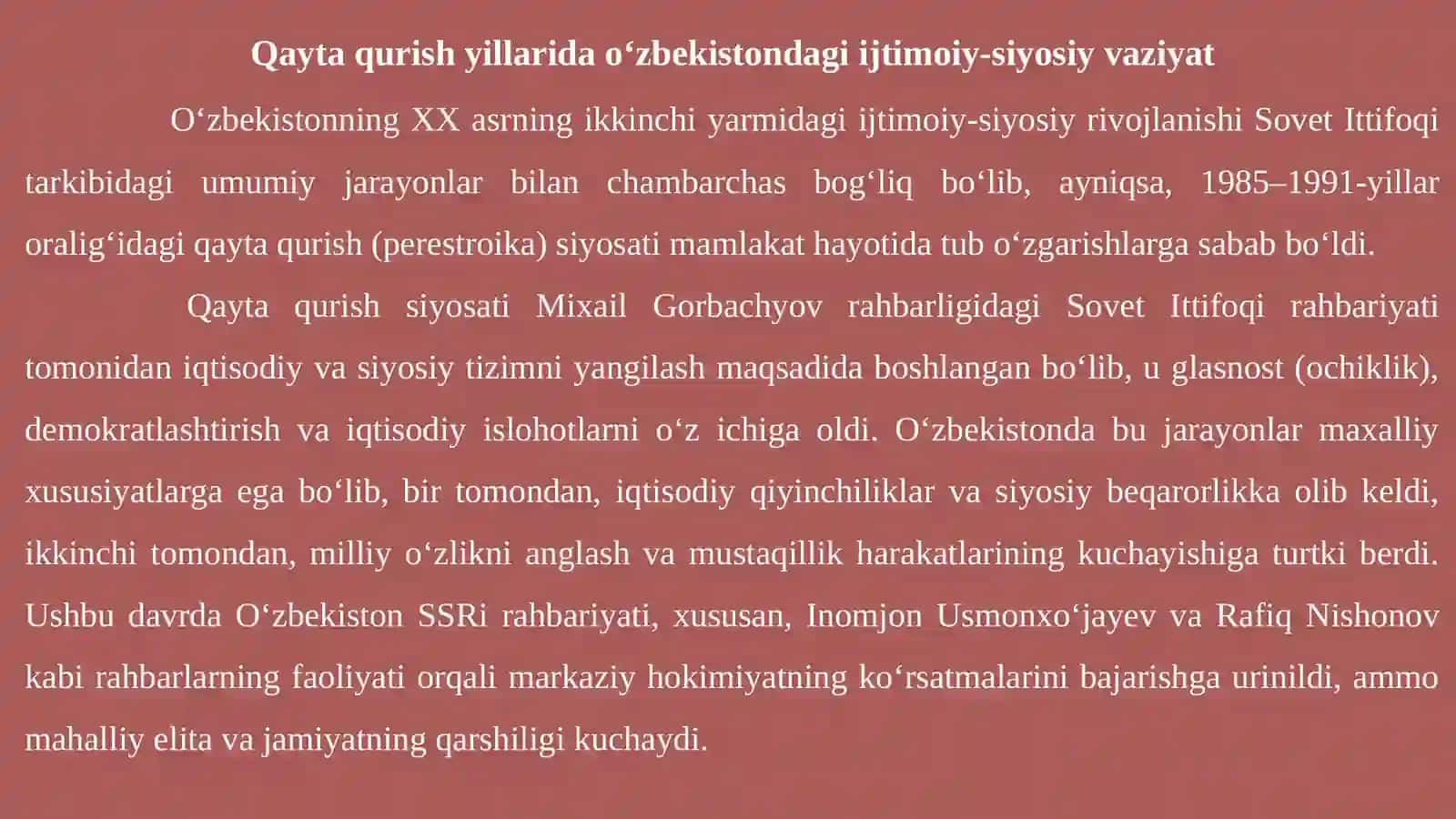 Qayta qurish yillarida O‘zbekistondagi ijtimoiy-siyosiy vaziyat 4