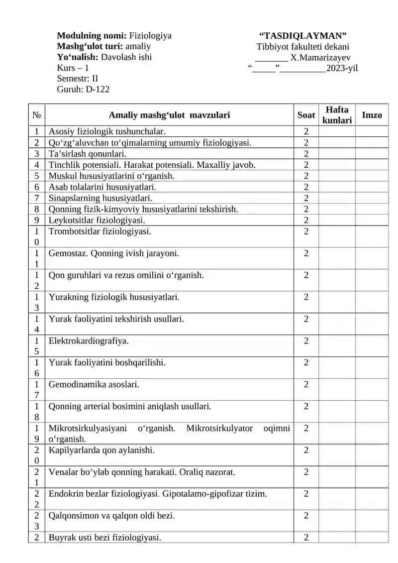 FIZIOLOGIYA MODULIDAN KALENDAR TEMATIK REJALARI 4