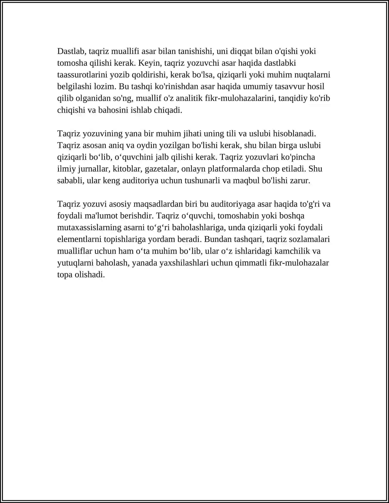 TAQRIZ. TAQRIZ YOZISHNING TUZILISHI VA TUZILMASI 4