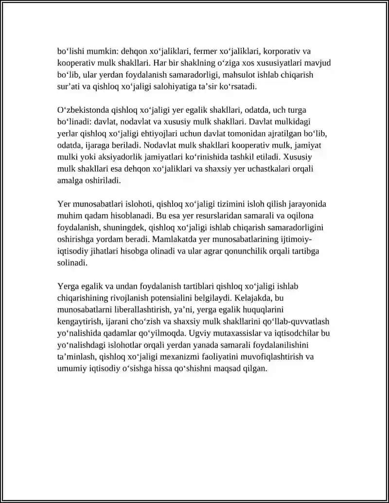 AGRAR MUNOSABATLAR. QISHLOQ XO'JALIGI ISHLAB CHIQARISH XUSUSIYATLARI 4