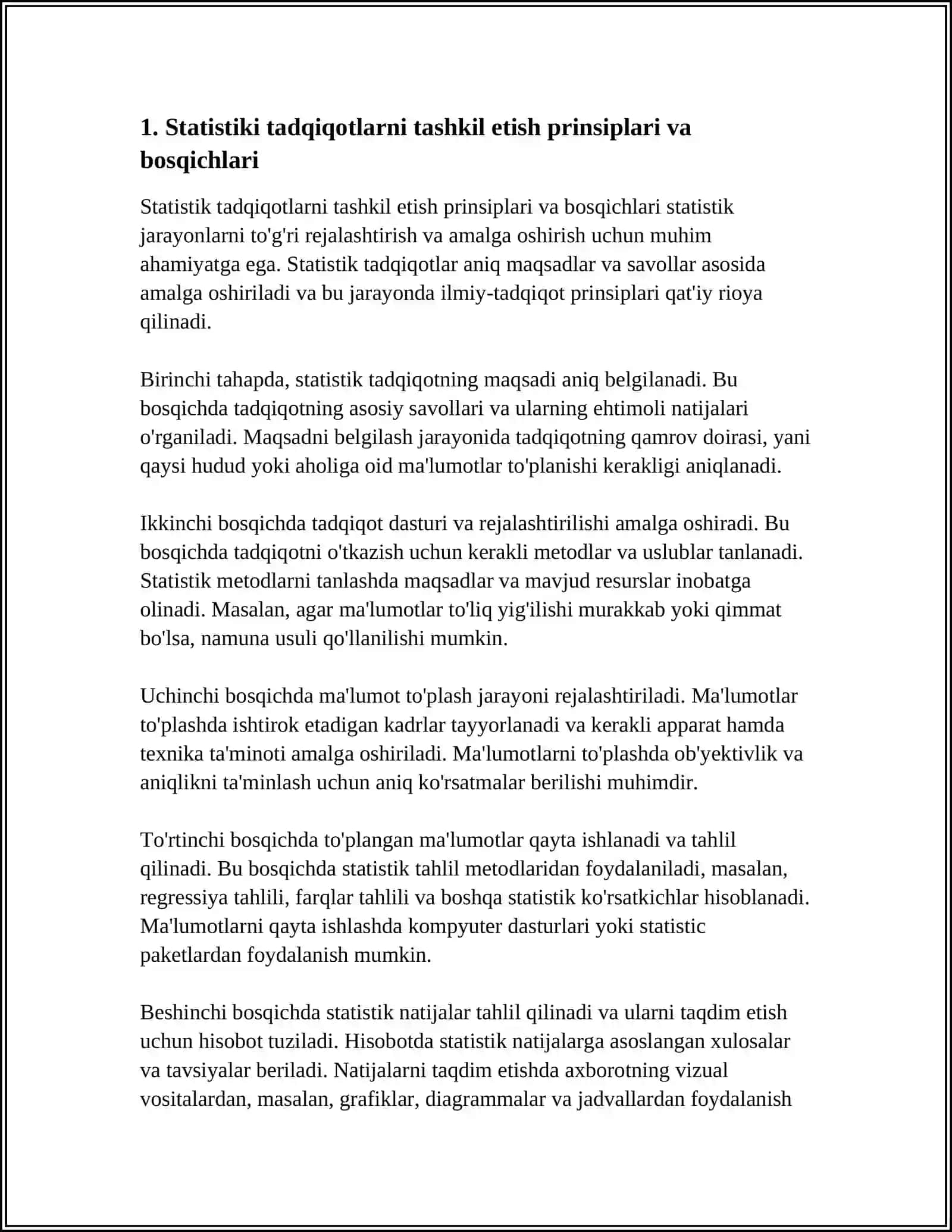 STATISTIK TADQIQOTLARNI TASHKIL ETISH. UMUMIY DEMOGRAFIK KO'RSATKICHLAR 4