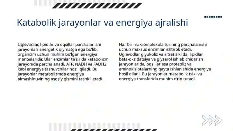 Metabolizm jarayonida energiya hosil bo’lishi va sarflanishi 4