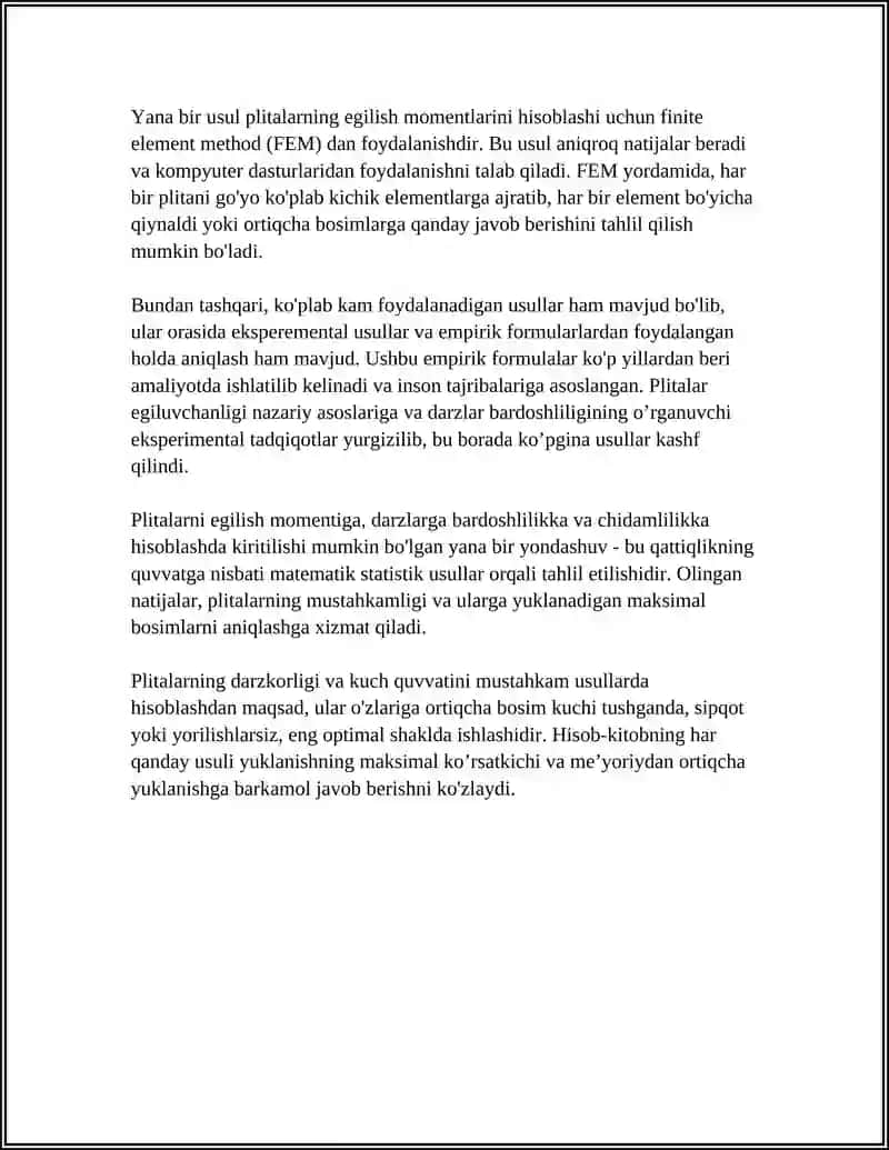 PLITANI MUSTAHKAMLIKKA, DARZLARGA BARDOSHLILIKKA VA CHIDAMLILIKKA HISOBLASH 4