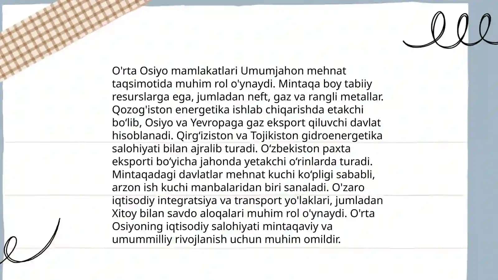 O'rta Osiyo davlatlarining MDH va umumjahon mehnat taqsimotida tutgan o'rni va ular o'rtasida iqtisodiy aloqalarning rivojlanishi 4