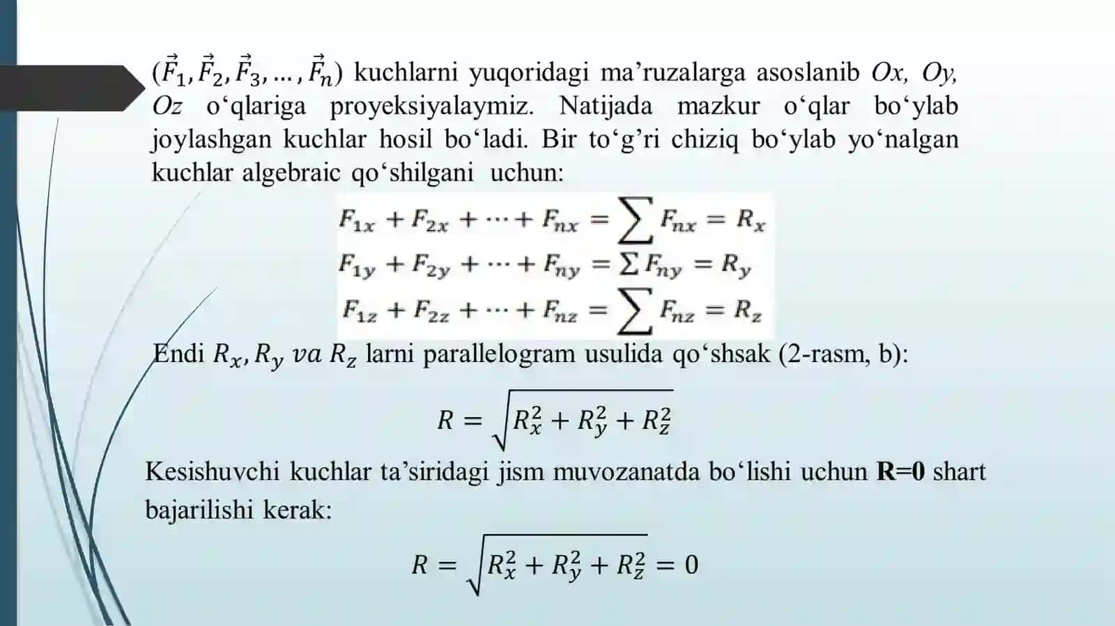 Kesishuvchi kuchlar sistemasini geometrik va analitik qoʻshish 4