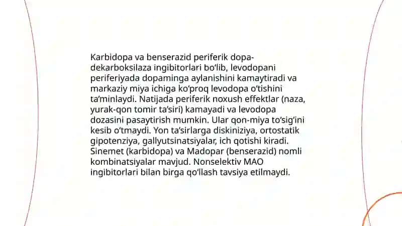 Parkinson kasaligini davolashda ishlatiladigan dori vositalari 4