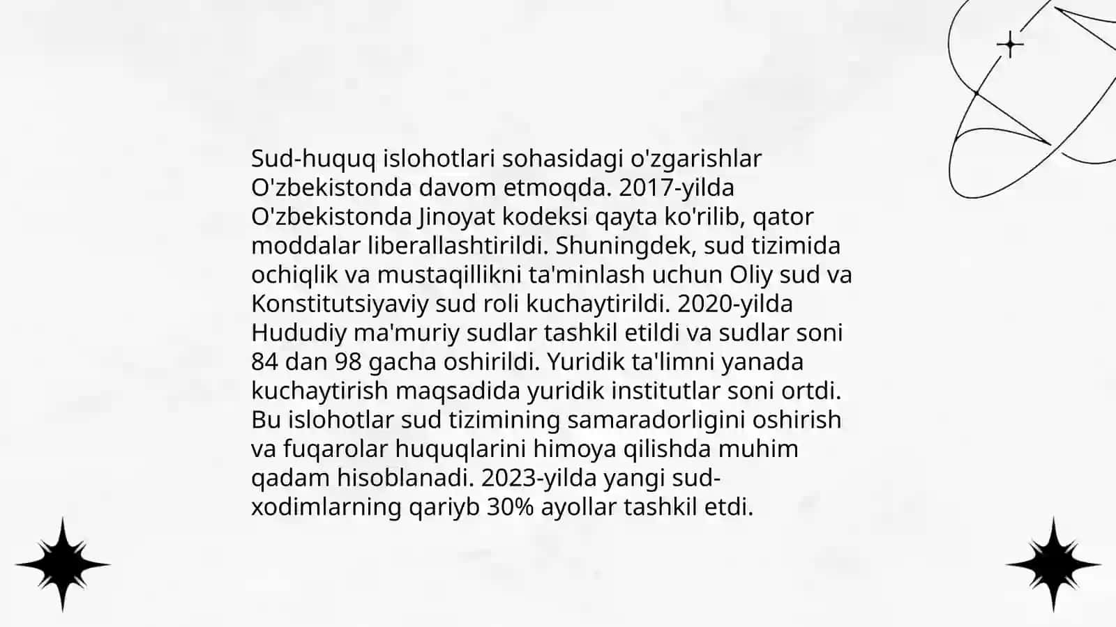 Oʻzbekistonda huquqiy siyosiy islohatlarning amalga oshirilishi, demokratik jamiyatni shakllantirish yoʻlidagi islohatlar 4