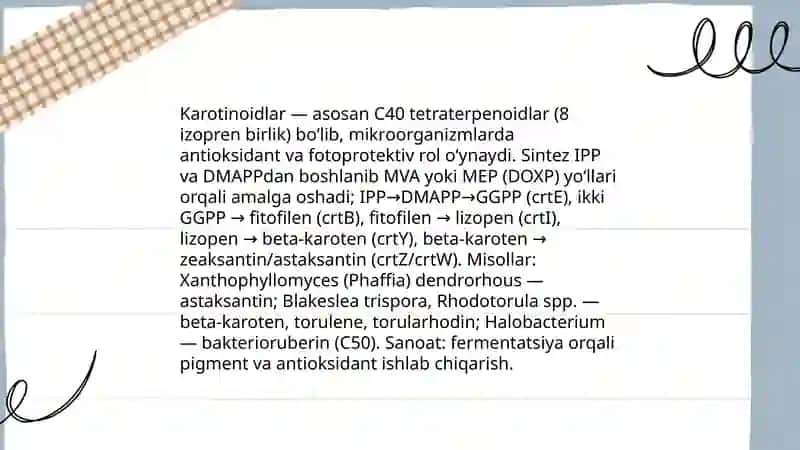 Mikroorganizimlar hayot faoliyati davomida ishlab chiqaradigan mahsulotlar pigmentlar antibiotiklar yorugʻlik issiqlik Qo’chqarova Dinara 4