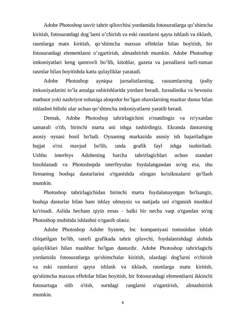 ADOBE PHOTOSHOP DASTURI BILAN ISHLASHNING QO‘SHIMCHA IMKONIYATLARI 4
