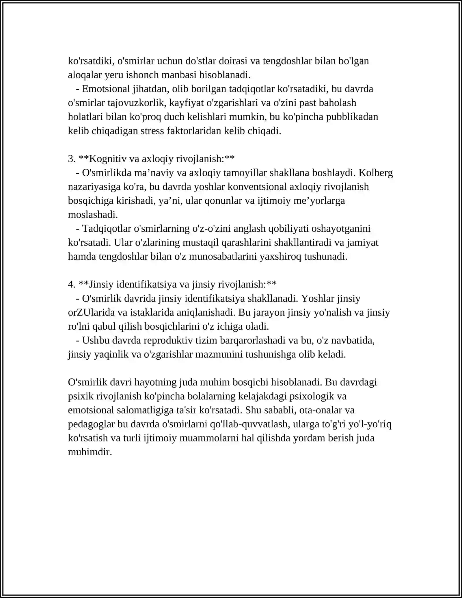 O‘SMIRLIK DAVRIDA PSIXIK RIVOJLANISH XUSUSIYATLARI. ILK O‘SPIRINLIK VA YOSHLIK DAVRIDA PSIXIK RIVOJLANISH XUSUSIYATLARI 4