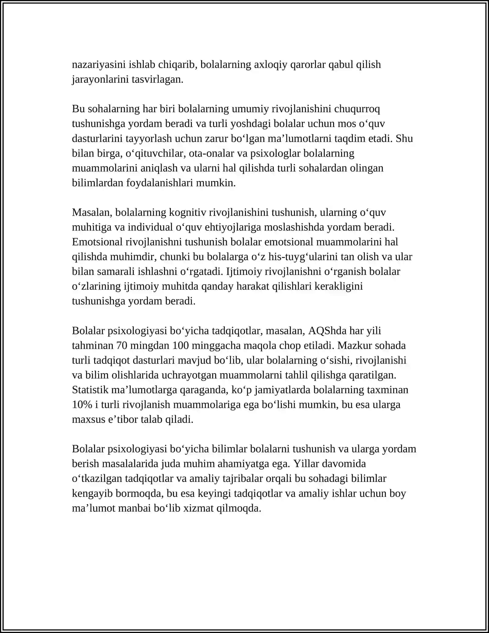 BOLALAR PSIXOLOGIYASI VA PSIXODIAGNOSTIKASI FANINING PREDMETI.FANNING ASOSIY TAMOYILLARI VA TUSHUNCHALARI 4