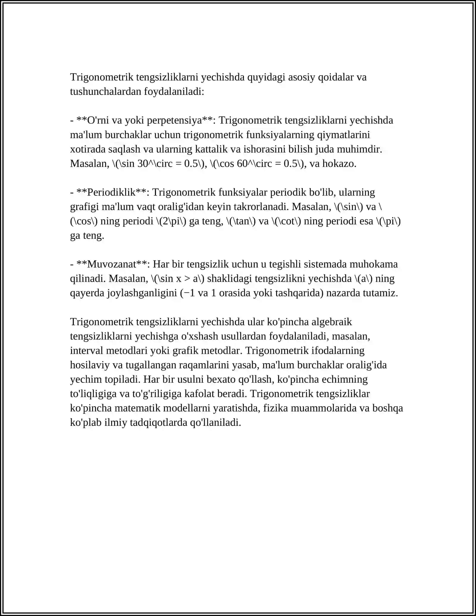 TRIGONOMETRIK TENGSIZLIKLARNI YECHISH 4
