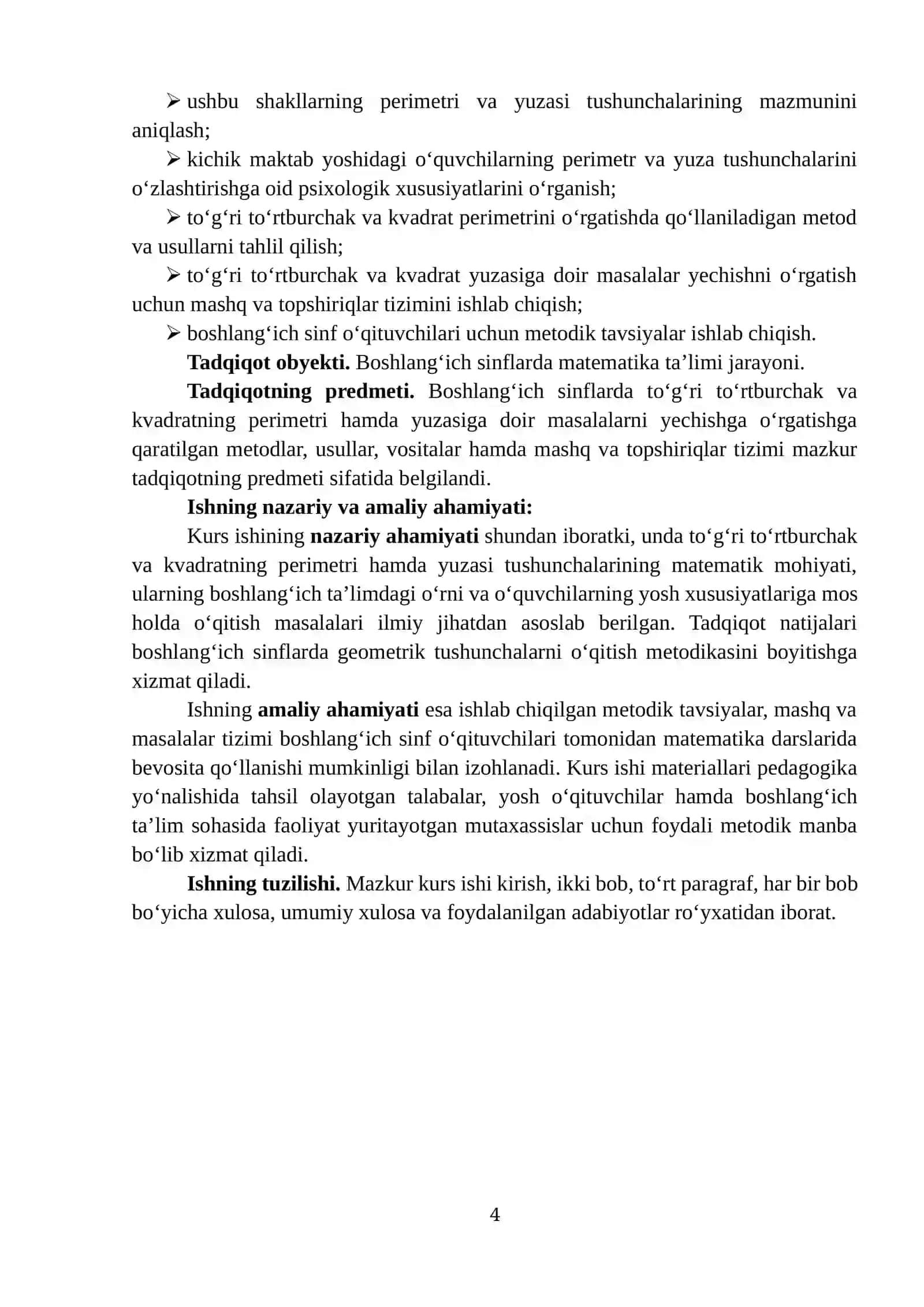 “TO‘G‘RI TO‘RTBURCHAK VA KVADRATNING PERIMETRINI, YUZAGA DOIR MASALALAR YECHISHGA O‘RGATISH” MAVZUSIDA TAYYORLAGAN KURS ISHI 4
