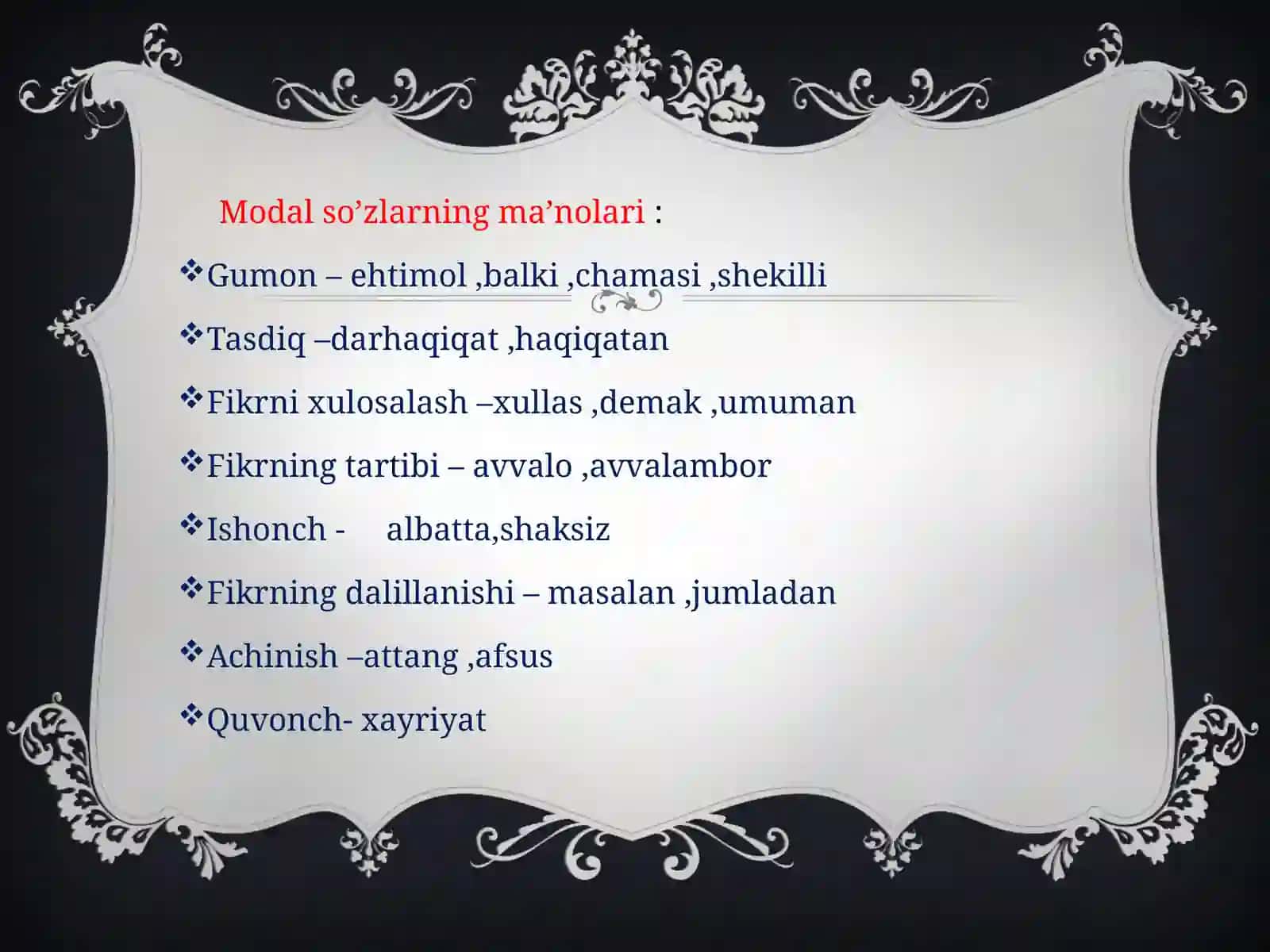 Alohida olingan so'zlar: Modal, taqlid, undov so'zlar 4