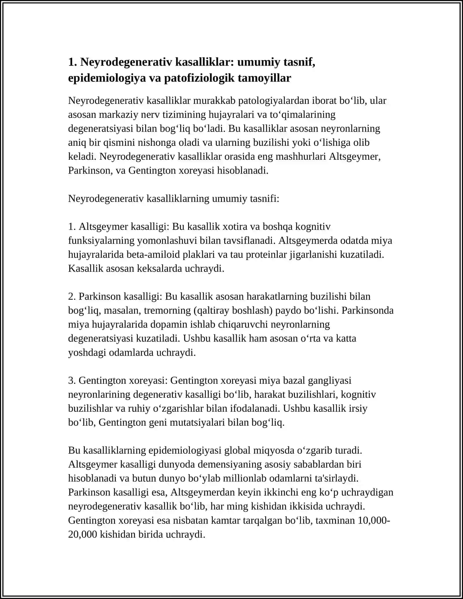 NEYRODEGENERATIV KASALLIKLAR (ALSGEYMER, PARKINSON KASALLIKLARI, GENTINGTON XOREYASI. ETIOLOGIYASI, PATOGENEZ, KLINIKA, DIAGNOSTIKA, QIYOSIY DIAGNOSTIKA. NERV MUSHAK DISTROFIYALARI -MIOPATIYALAR (DYUSHEN, ERBA ROTA,LANDUZI DJERINA,BEKKER) 4
