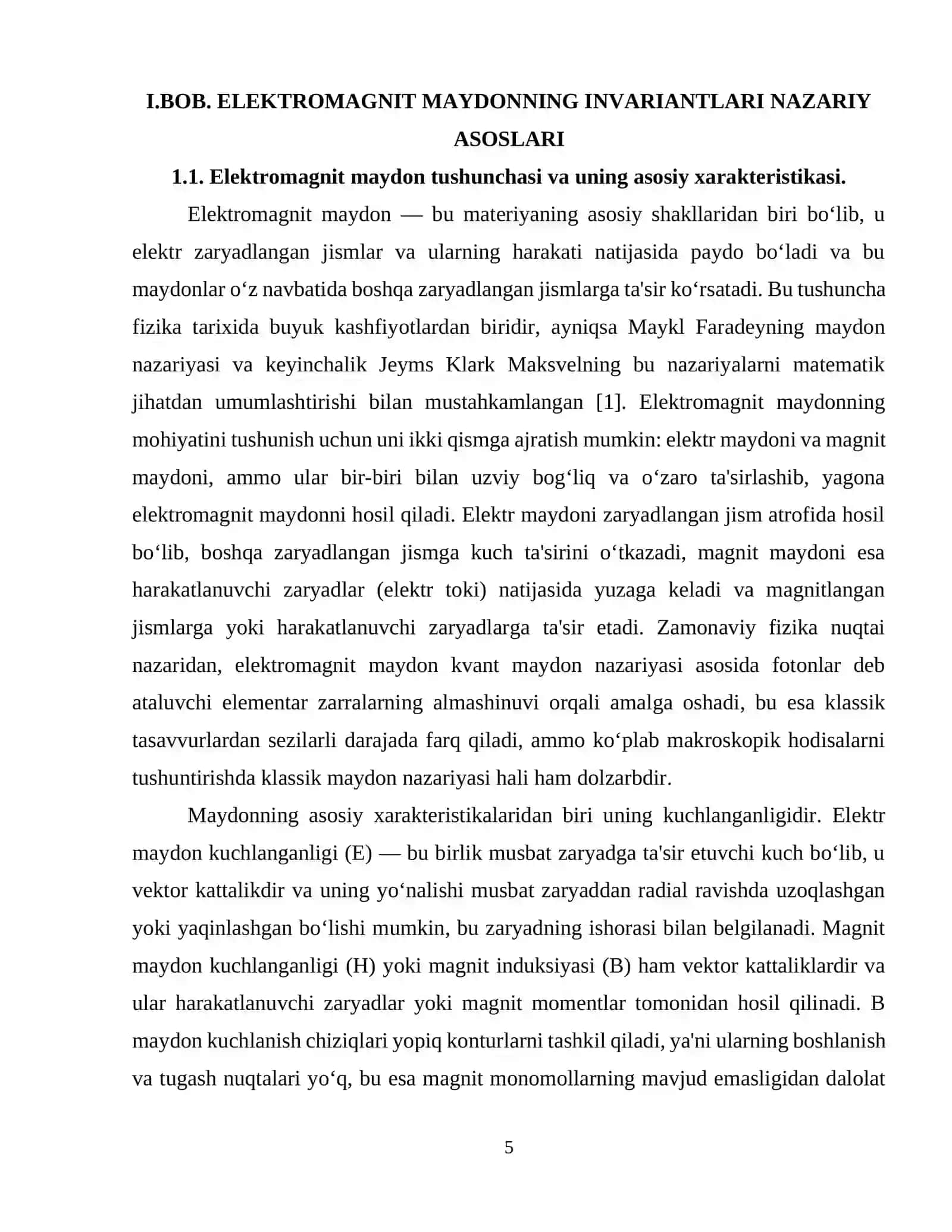 ELEKTROMAGNIT MAYDONNING INVARIANTLARI NAZARIY ASOSLARI	5 4