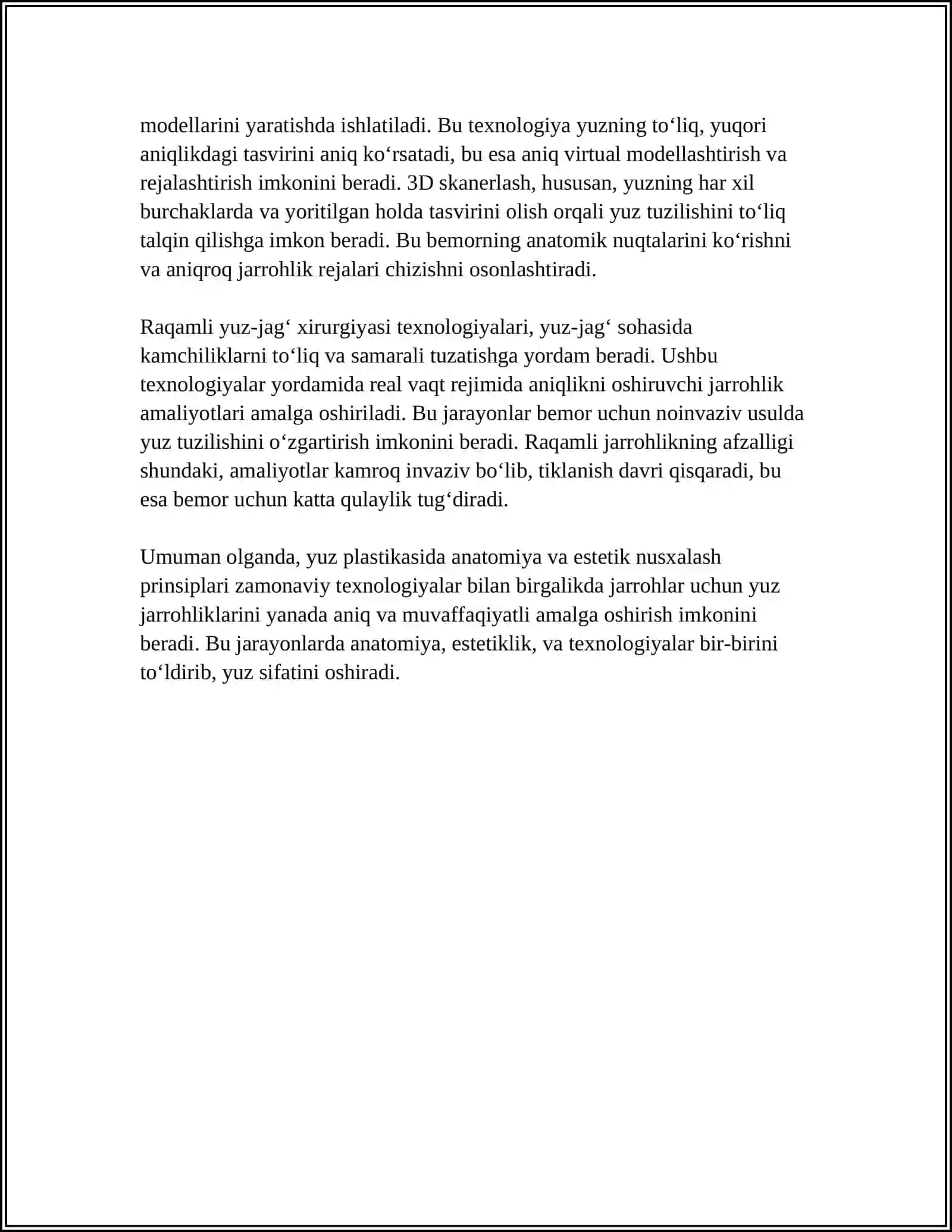 YUZDAGI PLASTIK OPERATSIYALAR XUSUSIYATLARI. VIRTUAL MODELLASHTIRISH, 3D SKANERLASH TEXNOLOGIYALARI. RAQAMLI YUZ-JAG‘ XIRURGIYASI 4