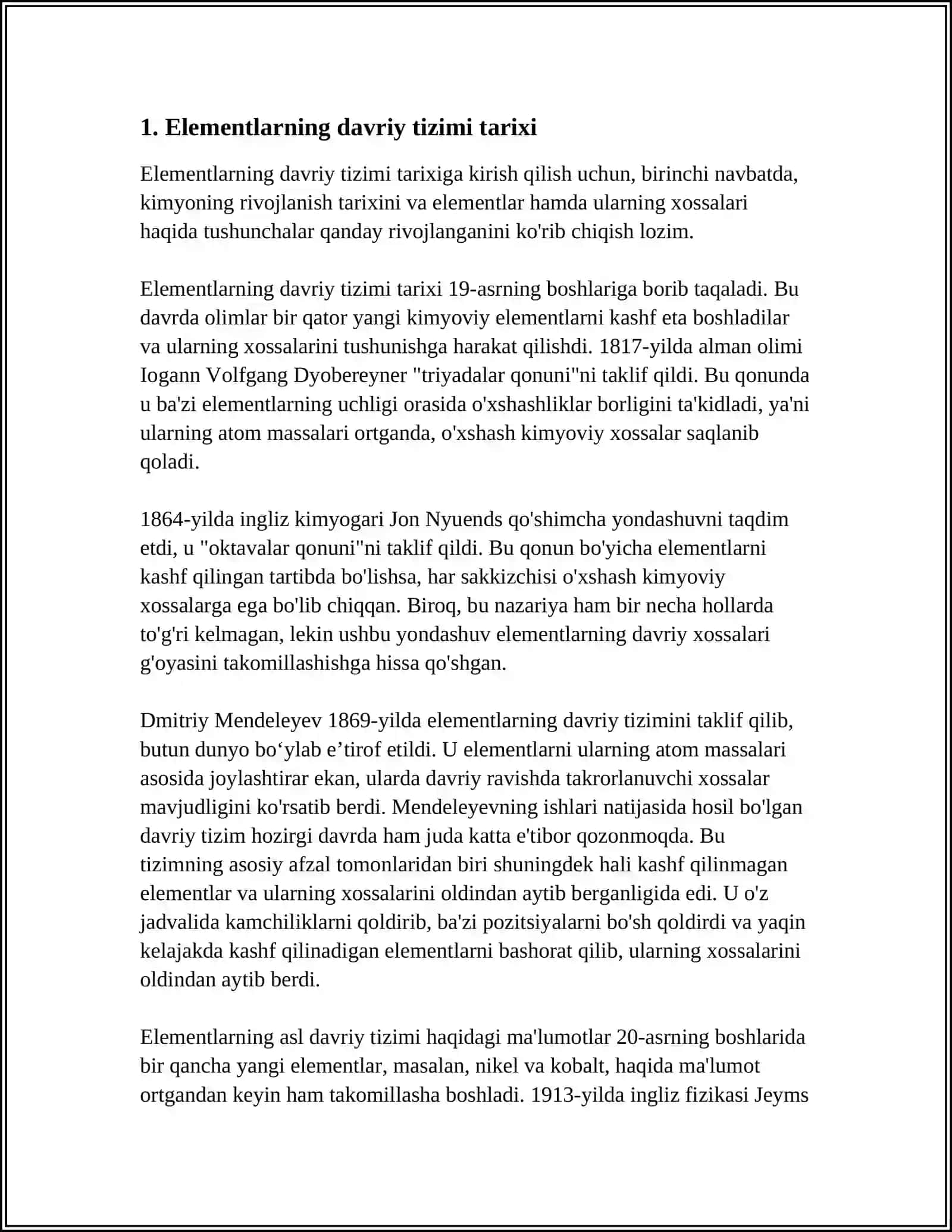 ELEMENTLAR DAVRIY SISTEMASI, ELEMENTLARNING DAVRIY SISTEMASI BILAN ATOM TUZILISHINI BOGʻLIQLIGI. DAVRIY SISTEMANING TARKIBI:DAVRLAR, GURUHLAR.S, P, D VA F -ELEMENTLARNING GURUHLARDA JOYLASHISHI. ELEMENTLARNING XOSSALARINI DAVRIY SISTEMADA GORIZONTAL, TIK, DIOGANAL YOʻNHASHLIGI ELEMENTLARNING ATOM VA ION RADIUSLARI. ELEMENTLAR XOSSALARINING DAVRIY OʻZGARISHI; 4
