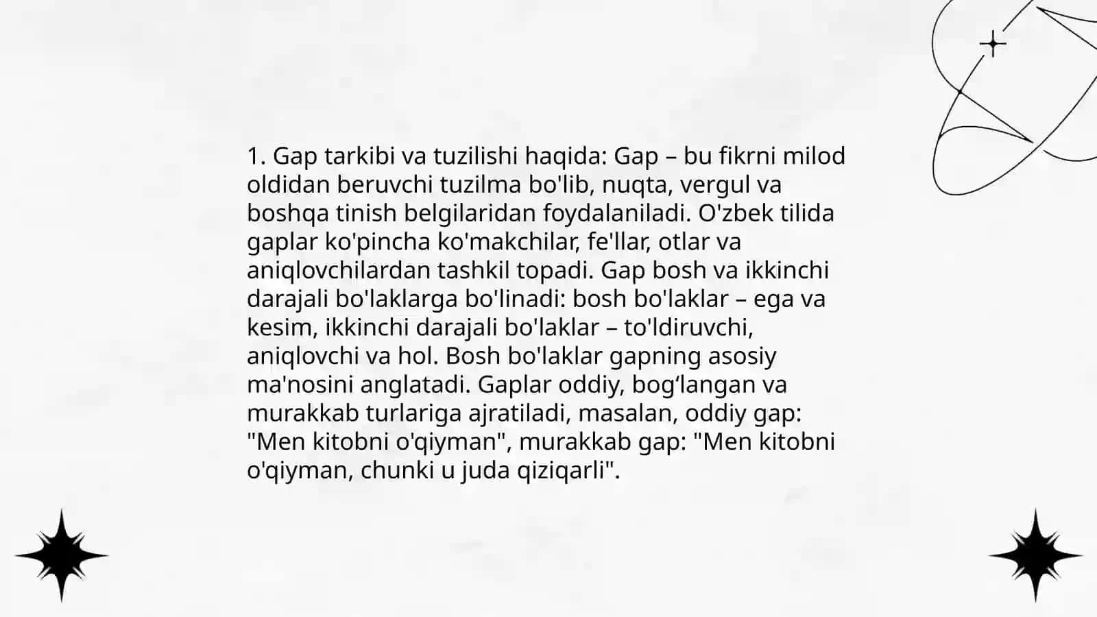 Sintaksis, gap bo'laklari, bosh bo'laklar va 2-darajali bo'laklar 4