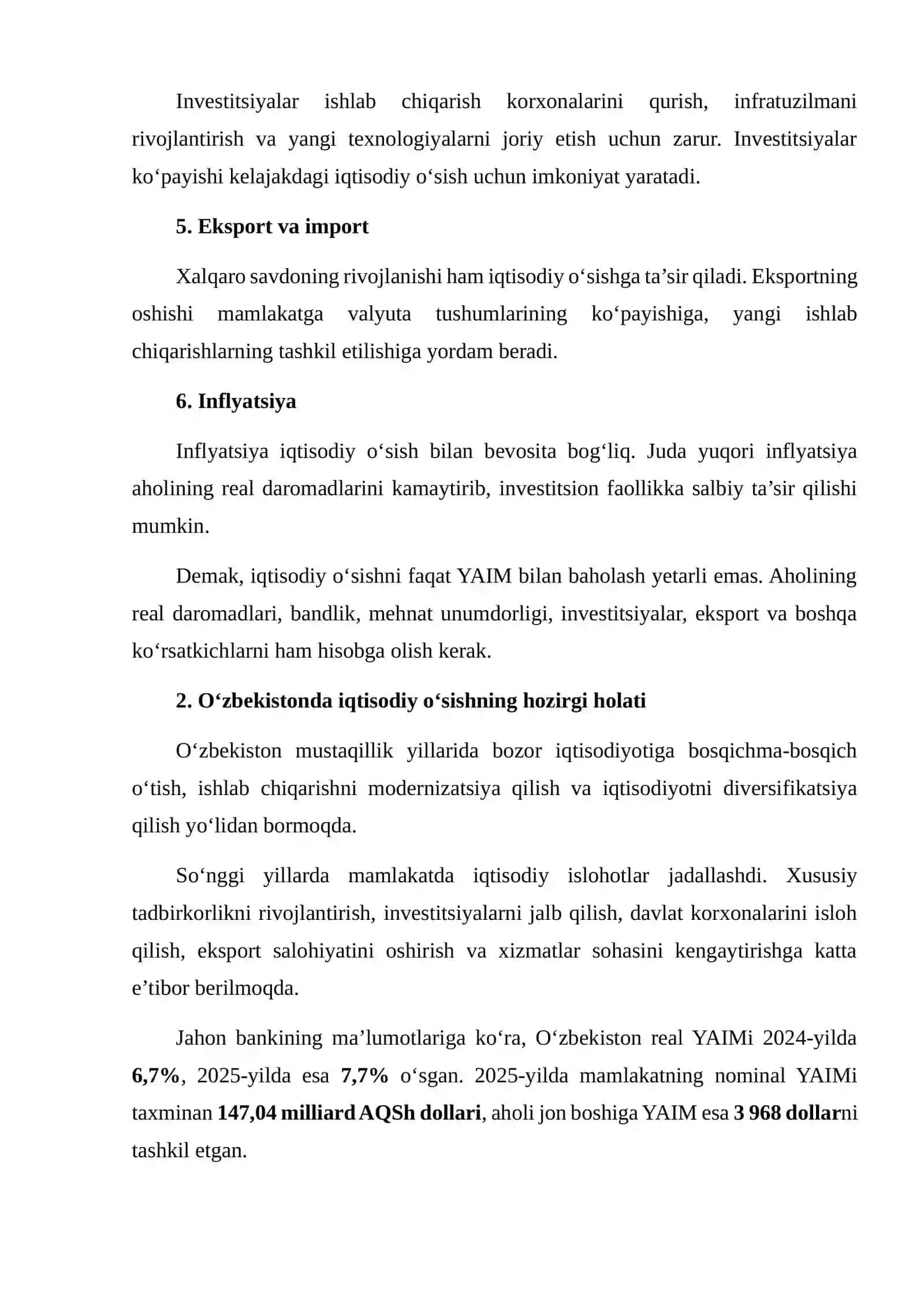 O‘ZBEKISTON VA JAHON MAMLAKATLARIDA IQTISODIY O‘SISH KO‘RSATKICHLARI 4