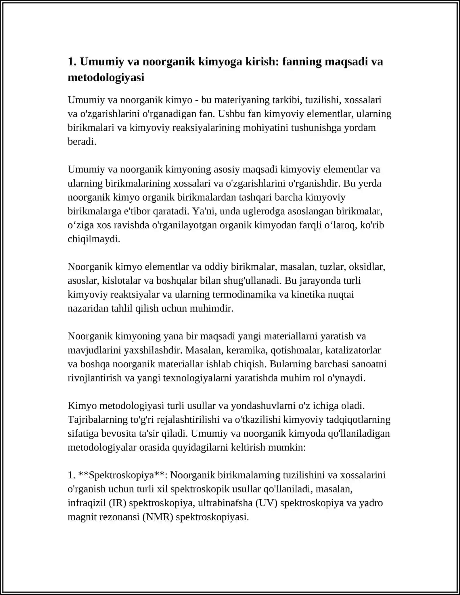 "UMUMIY VA NOORGANIK KIMYO" FANIGA KIRISH.TARIXIY YONDASHUV VA KIMYONING ZAMONAVIY RIVOJI.NOORGANIK MODDALARNING ASOSIY SINFLARI 4