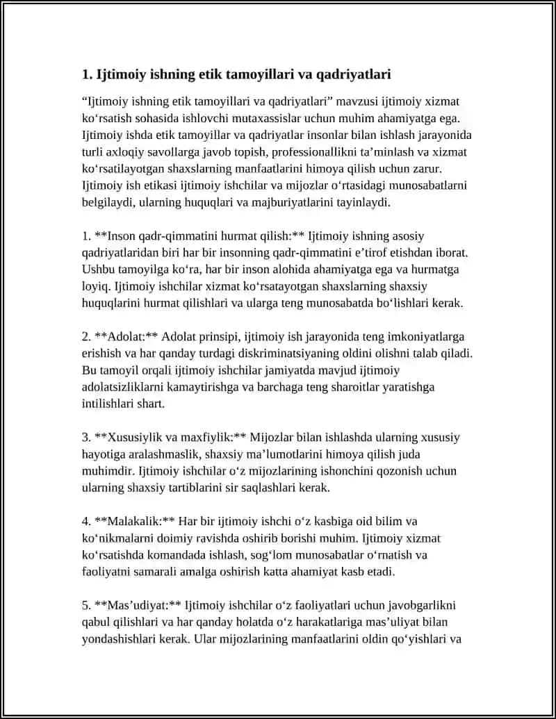 IJTIMOIY ISH ETIK PRINSPLARI VA QADRIYATLARI.IJTIMOIY ISHDA MULOQOT KÕNIKMALARI 4