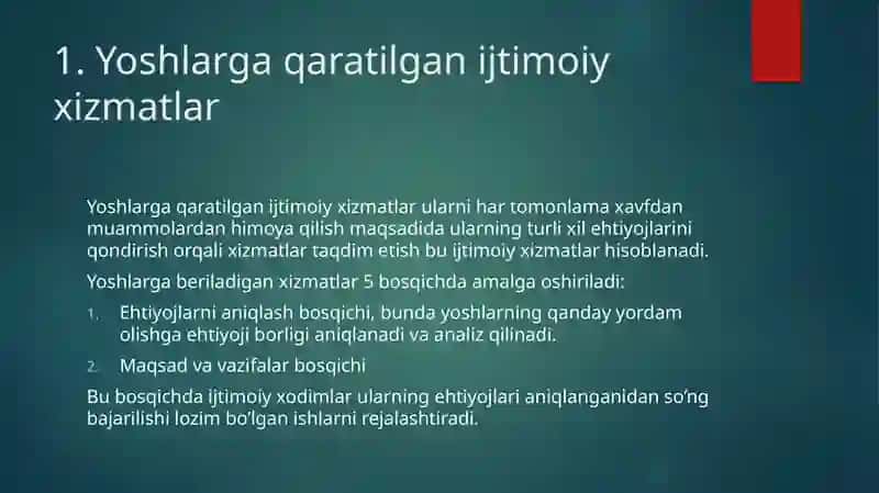 Yoshlar Uchun ijtimoiy xizmatlarning Tuzilishi va vazifalari 4