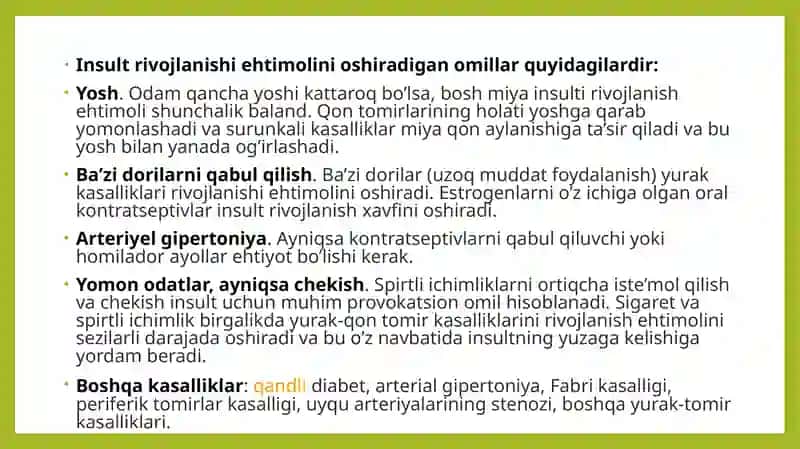 Insult sabablari, xavf omillari, belgilari, tashxis, davolash va oldini olish 4