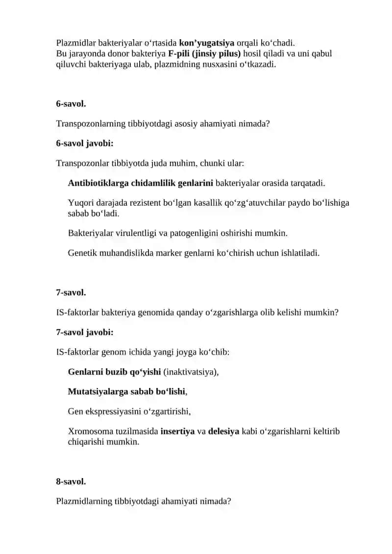 Bakterial irsiyatning xromosomadan tashqari omillari (plazmidlar, transpazonlar, Is- faktorlar, mo'tadil faglar), tibbiyotdagi ahamiyati 4