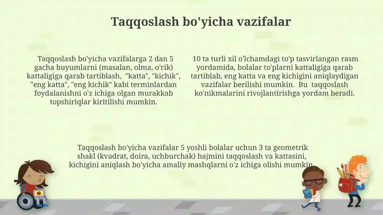 Kattalik. Predmetlar o'lchamini taqqoslashga o'rgatish 4