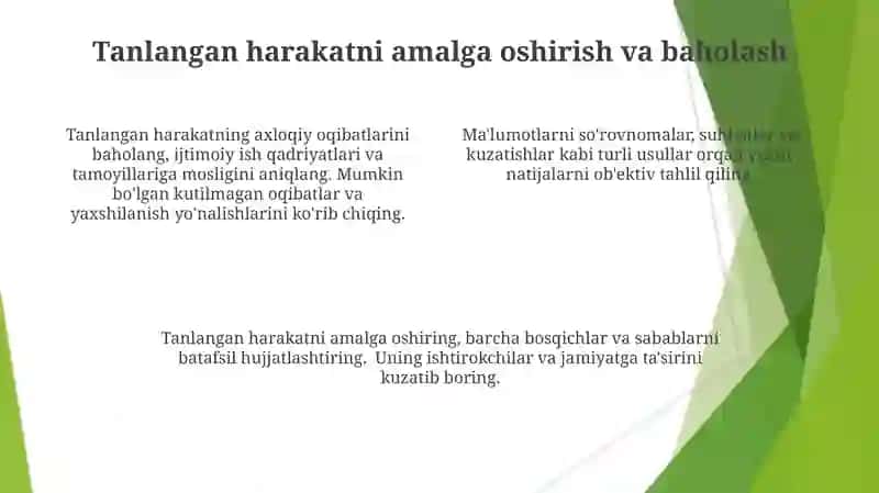 Ijtimoiy ish amalyotida etik ikkilanish dilemmalari muhokamasida qaror qabul qilish jarayoni 4