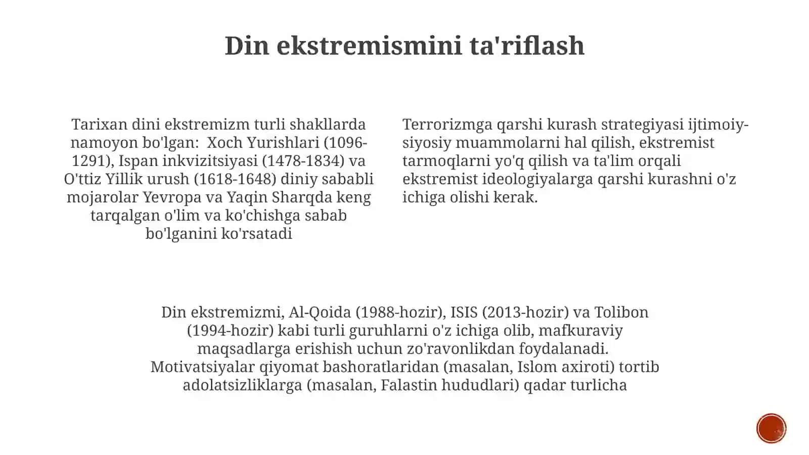 Diniy fundamental radikalizm terrorizmning tarixi va yoʻnalishlari 4