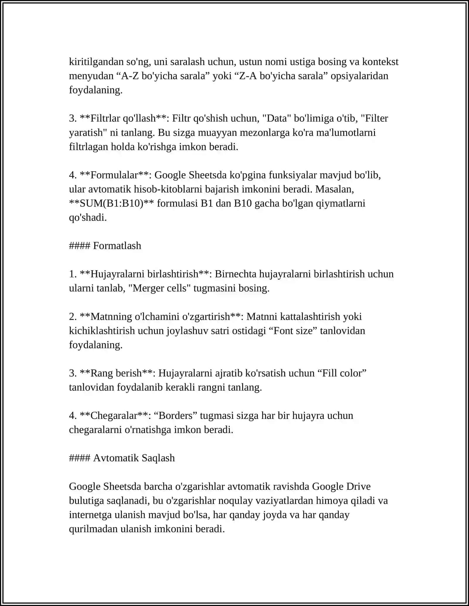 GOOGLE SHEETSDA JADVALLAR YARATISH 4