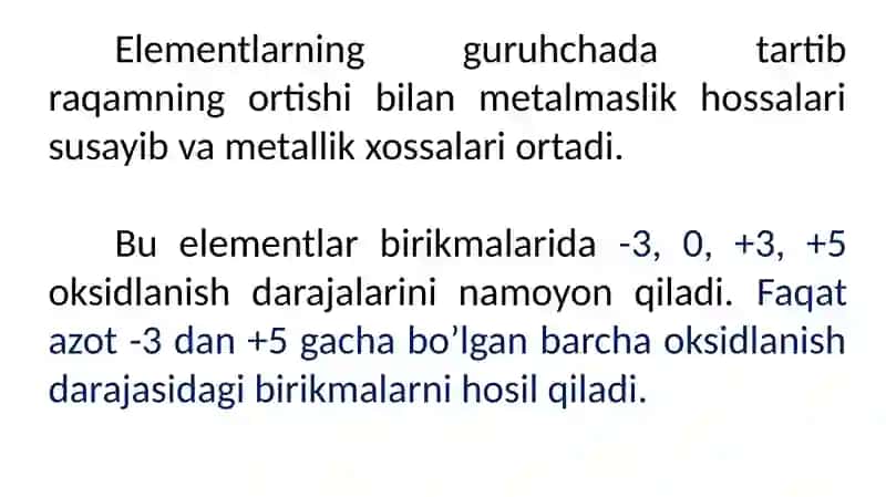 Davriy sistemaning beshinchi asosiy guruxcha elementlarining umumiy xarakteristikasi 4