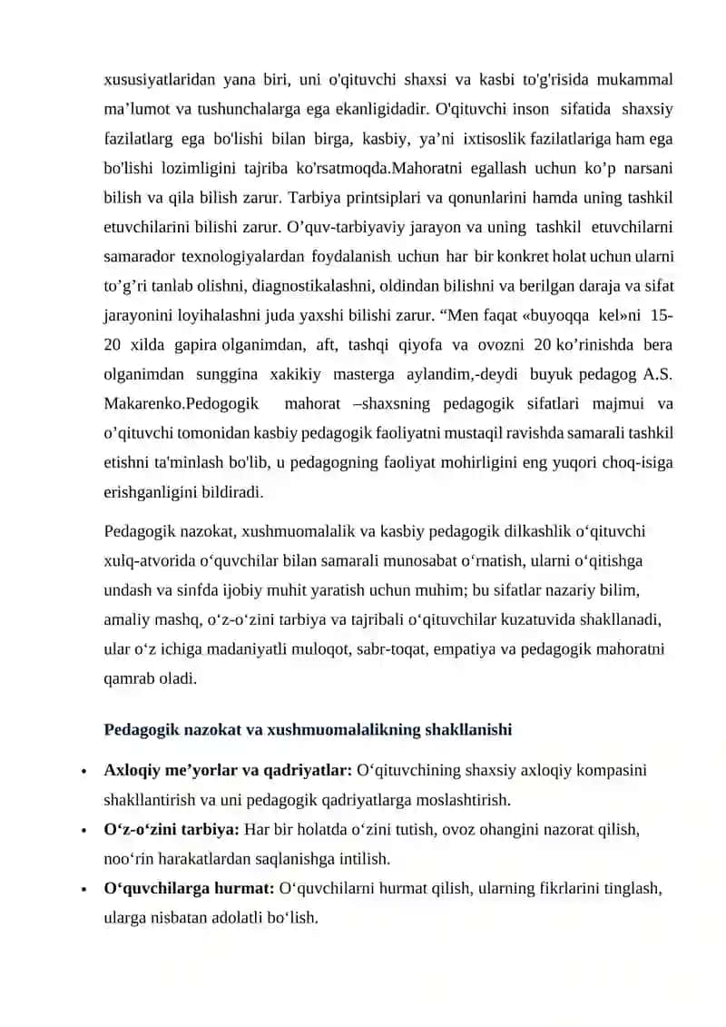 Pedagogik nazokat va xushmuomalalik va kasbiy pedagogik dilkashlikning oʻqituvchi xulq atvorida shakllanishi 4