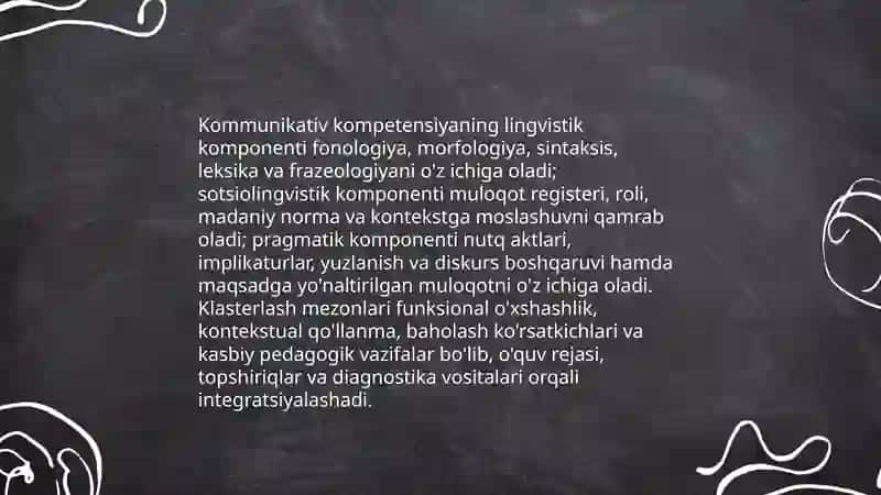 Kasbiy pedagogik faoliyatda kommunikativ kompetensiyaning o'rni mavzusini klaster usulida tasniflash 4
